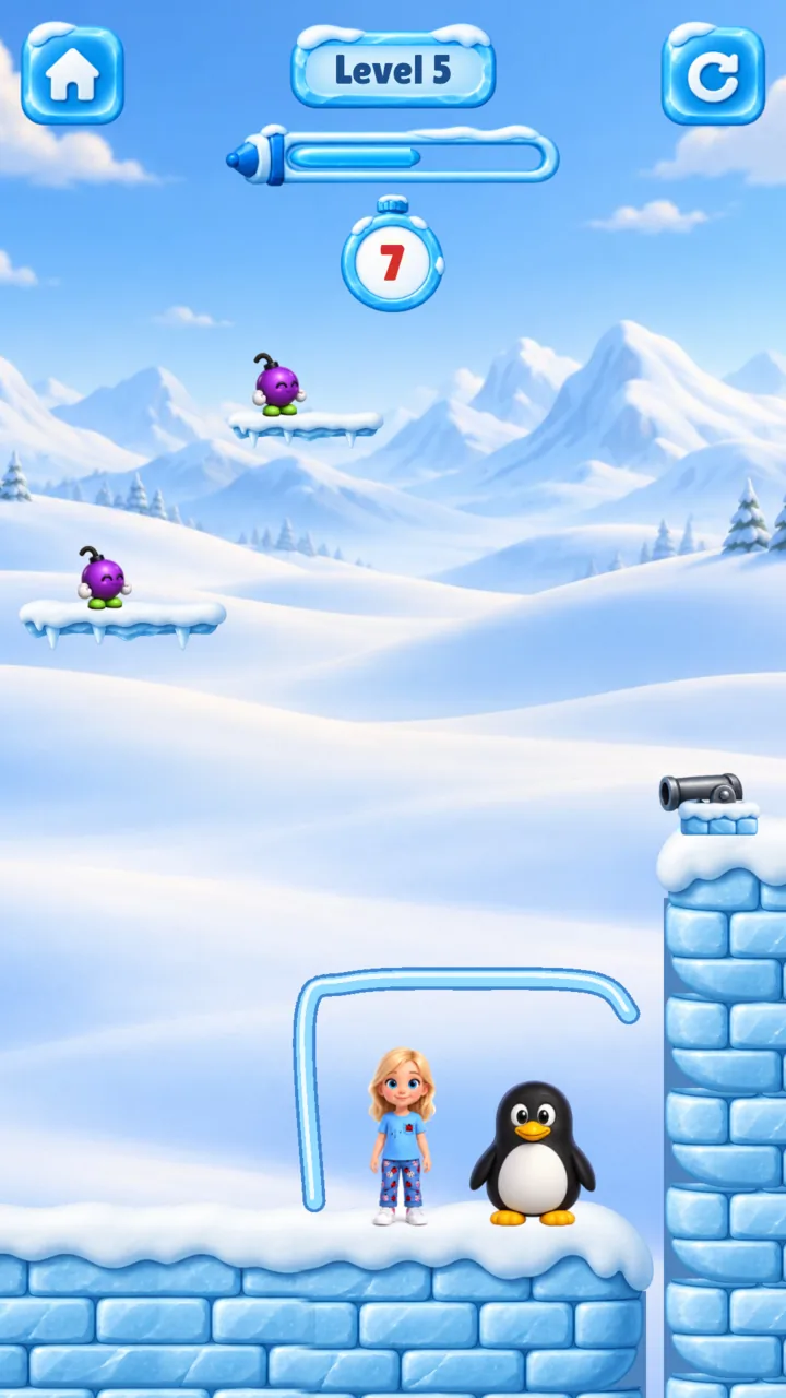 A level: Tux and Viki stand on the ice, bombs wait on ledges, and a line is drawn over them.