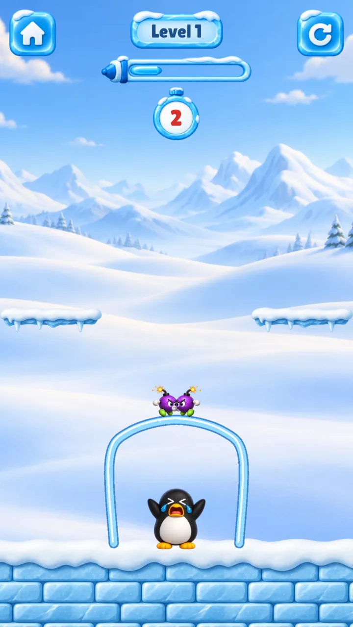Another level: a line like a loop goes around Tux, and four bombs come from all sides.
