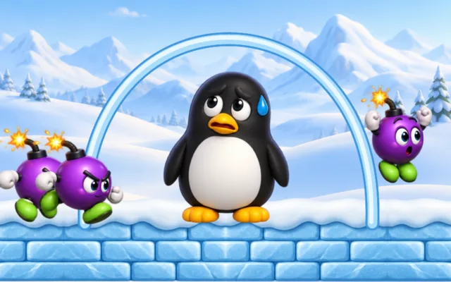 Purple bombs run at the line. Tux waits under it.
